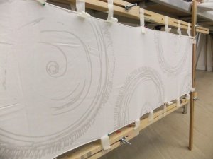 Painting on the devore paste onto a stretch silk velvet scarf